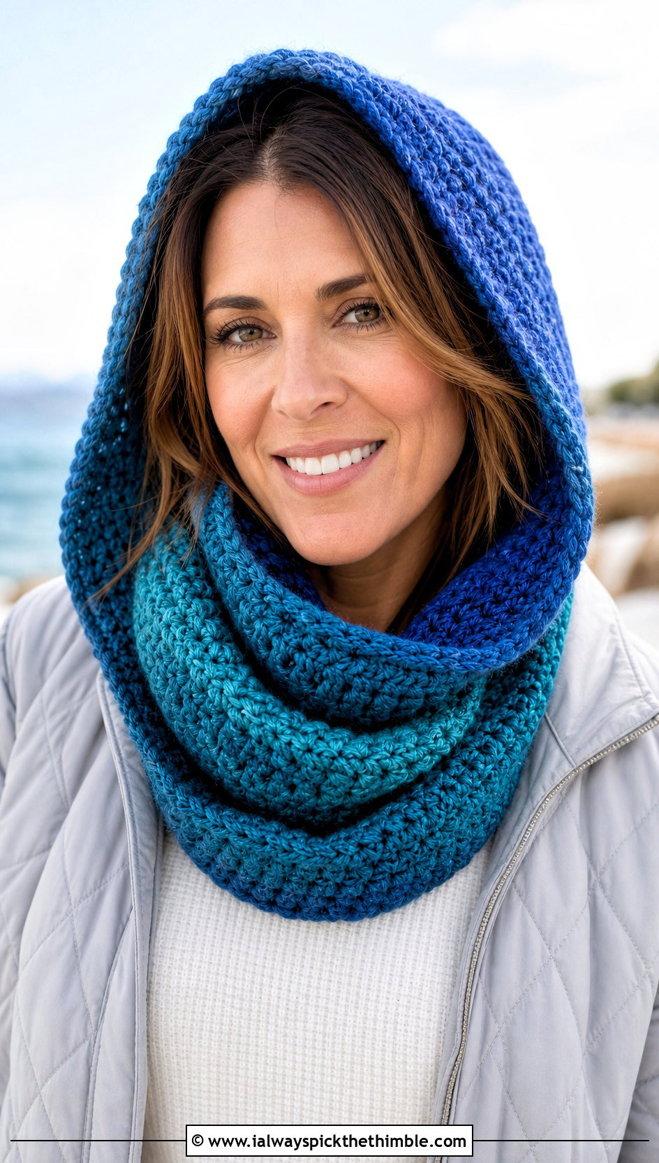Hooded Crochet Infinity Scarf With Quilted Jacket - 20 easy crochet infinity scarf outfit ideas