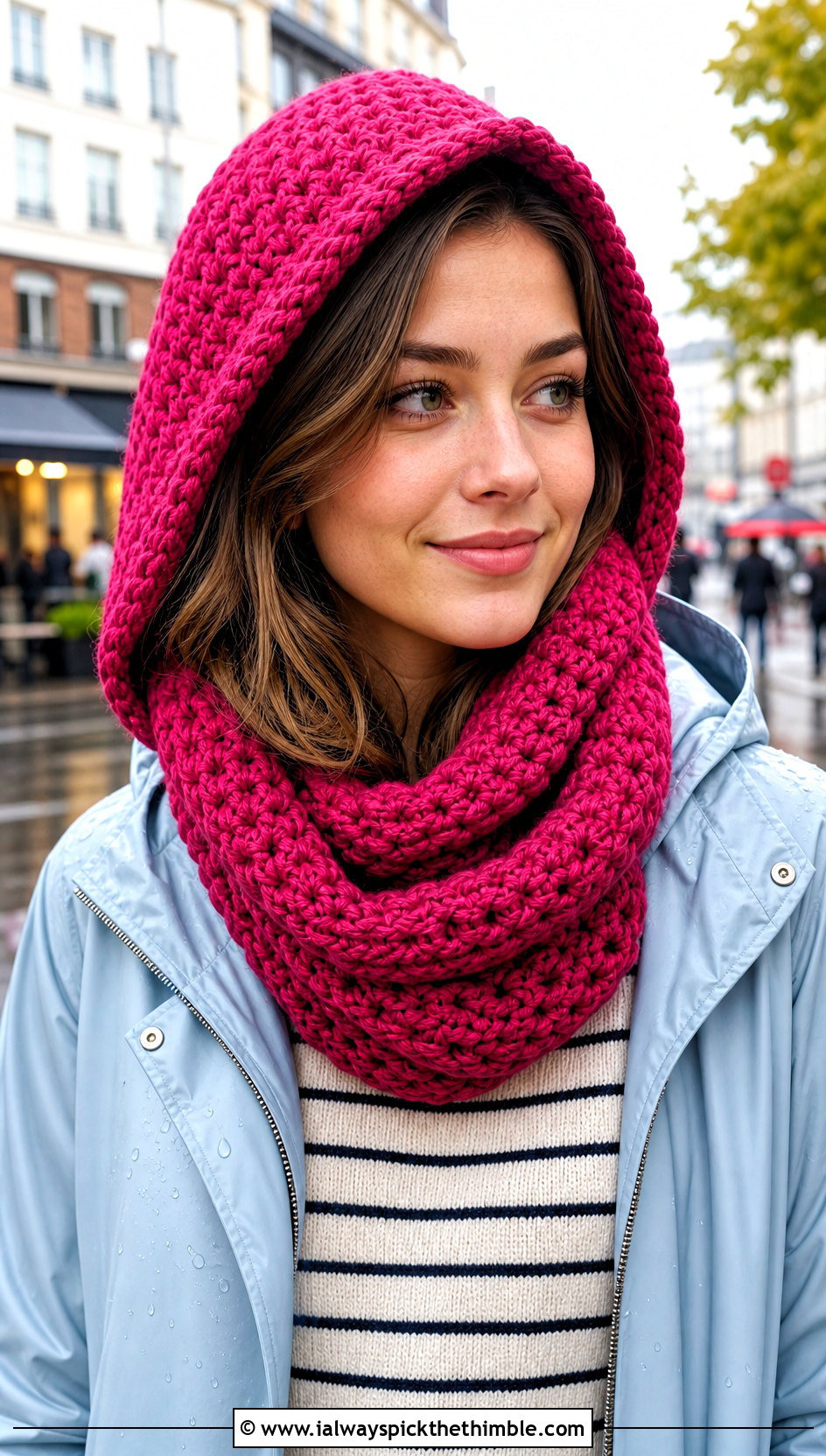Hooded Crochet Infinity Scarf With Raincoat - 25 crochet infinity scarf outfit ideas