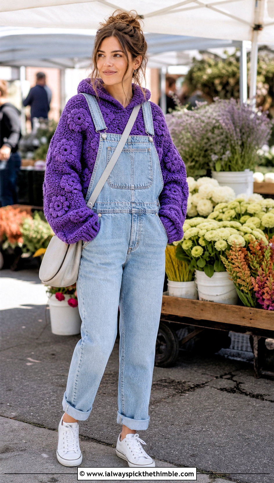 Hooded Crochet Irish Sweater With Denim Overalls - 20 Crochet Irish Sweater outfit ideas