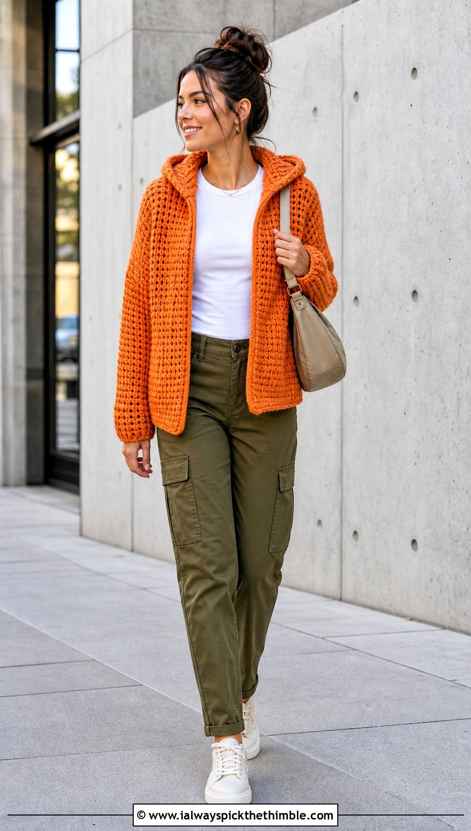 Hooded Crochet Jacket With Cargo Pants - 20 crochet jacket for women outfit ideas
