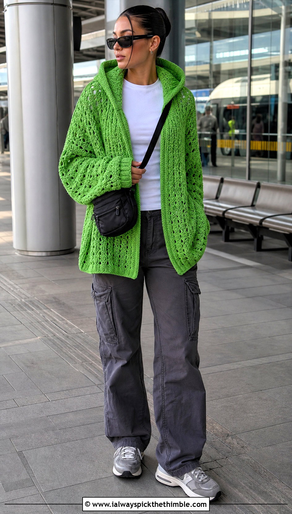 Hooded Crochet Jumper With Cargo Pants - 20 oversized crochet jumper outfit ideas