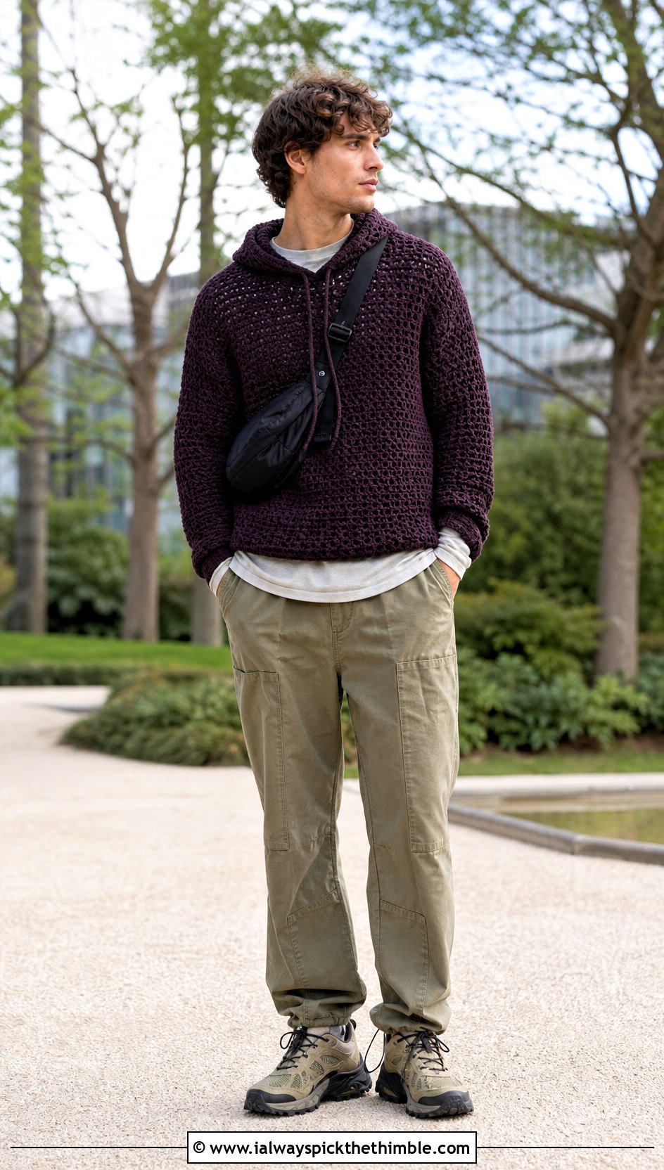 Hooded Crochet Jumper With Utility Pants - 25 men crochet jumper outfit ideas