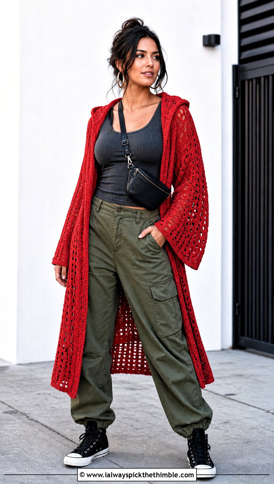 Hooded Crochet Kimono Cardigan With Cargo Pants - 25 crochet kimono cardigan outfit ideas