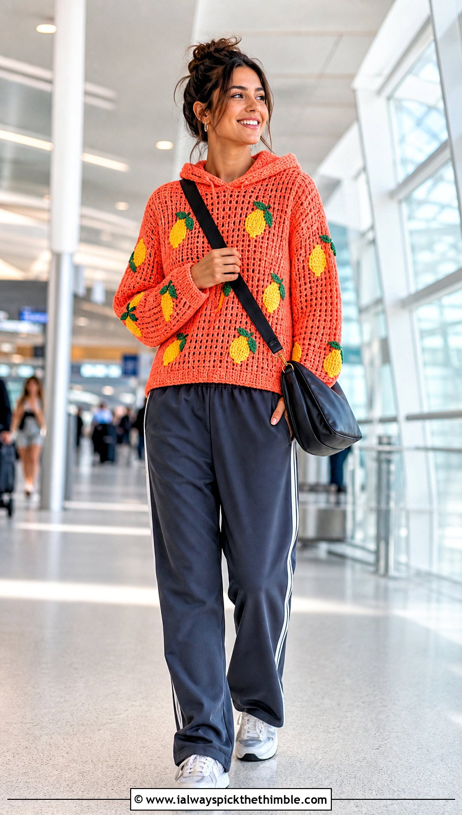 Hooded Crochet Lemon Sweater With Track Pants - 20 Crochet Lemon Sweater outfit ideas