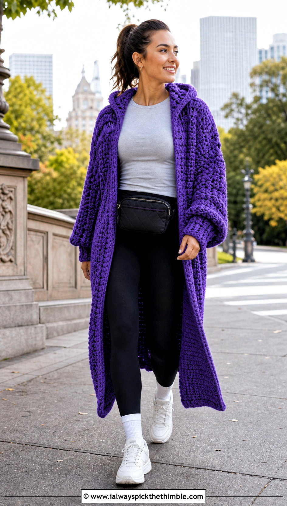 Hooded Crochet Long Poncho With Leggings And Sneakers - 15 Crochet Long Poncho outfit ideas