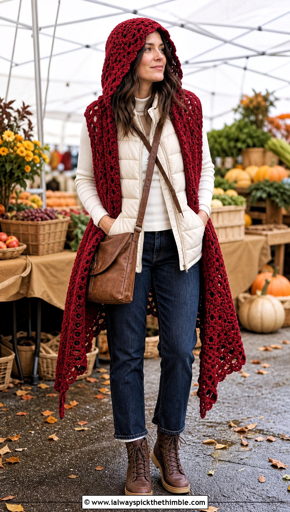 Hooded Crochet Long Shawl With Puffer Vest - 20 Crochet Long Shawl outfit ideas