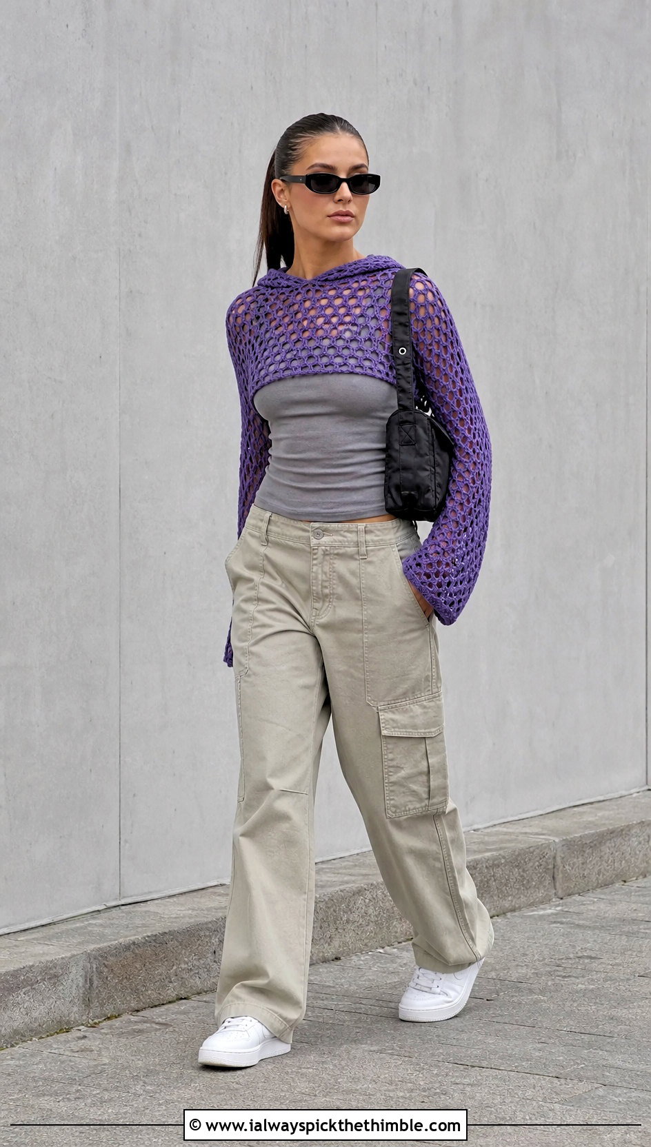 Hooded Crochet Long Sleeve Top With Cargo Pants - 25 crochet long sleeve top outfit ideas