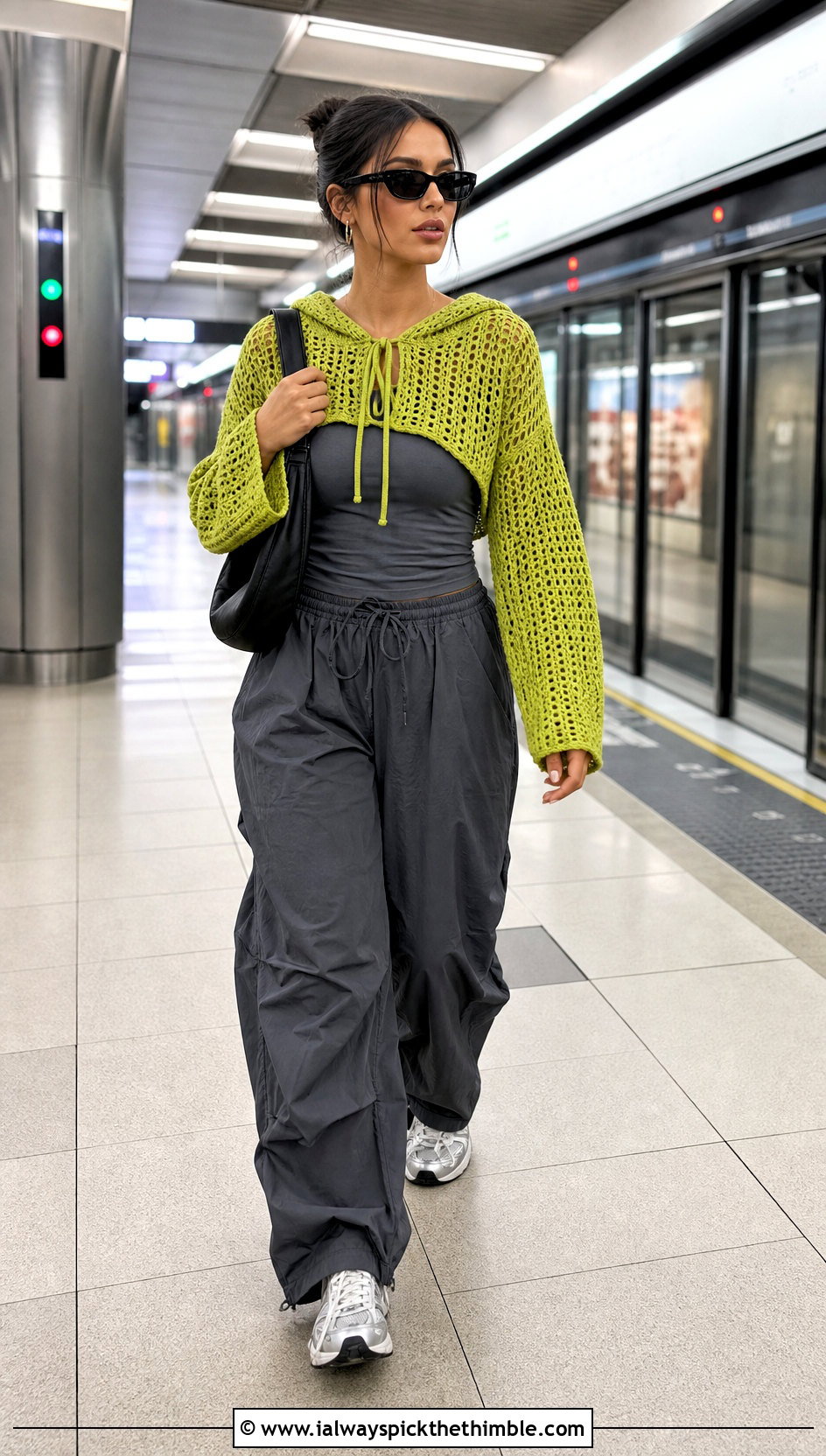Hooded Crochet Long Sleeve Top With Parachute Pants - 25 crochet long sleeve tops outfit ideas