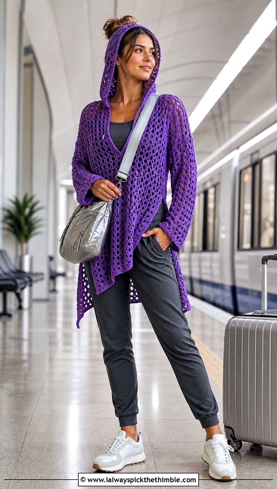 Hooded Crochet Long Sleeve Tunic With Joggers - 15 Crochet Long Sleeve Tunic outfit ideas