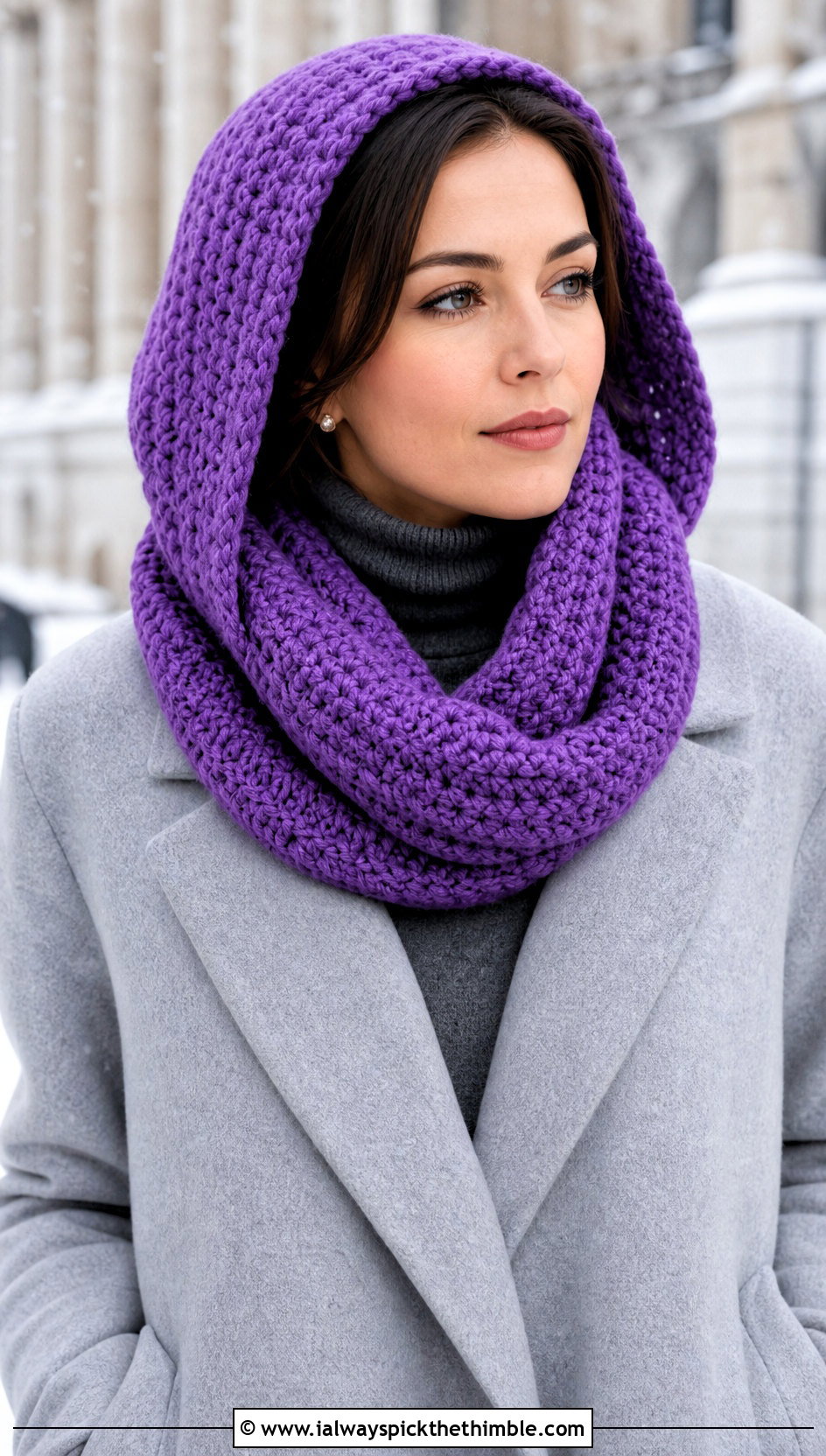 Hooded Crochet Loop Scarf With Wool Coat - 20 Crochet Loop Scarf outfit ideas