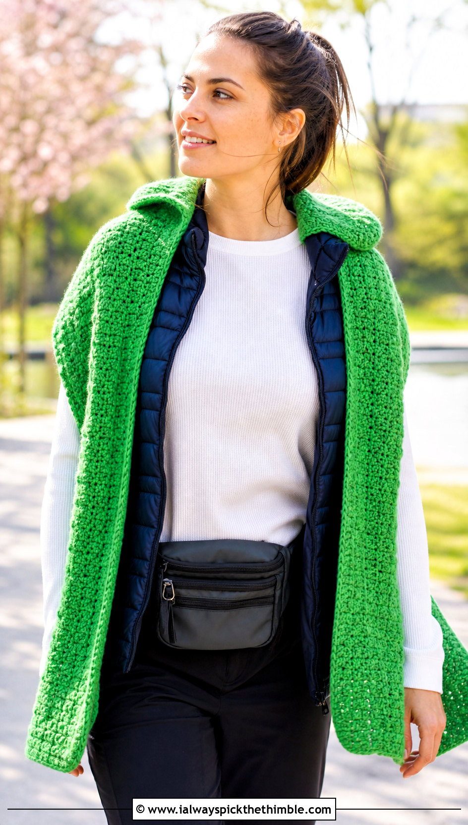 Hooded Crochet Mantle Scarf With Puffer Vest - 20 Crochet Mantle Scarf outfit ideas