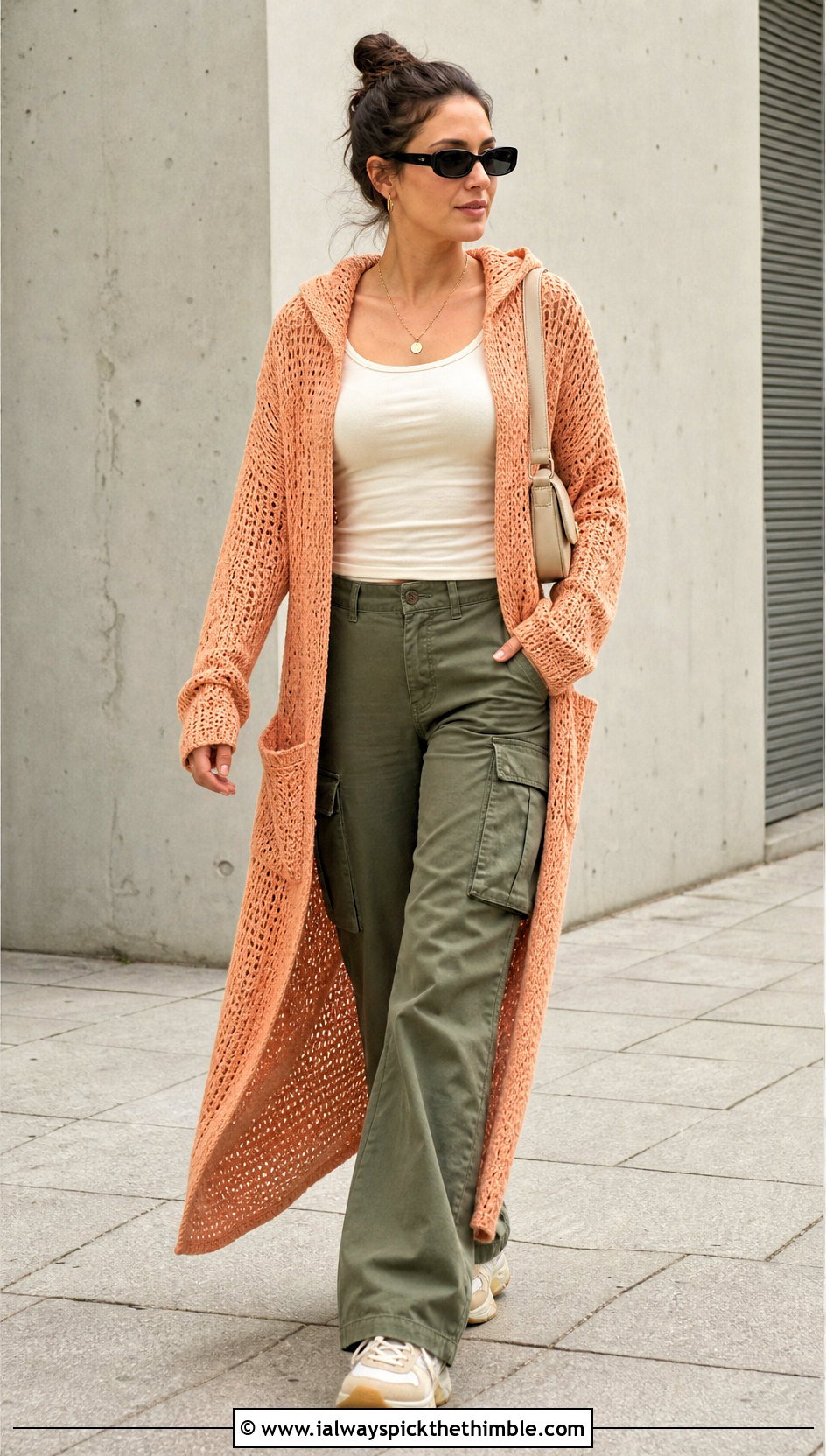 Hooded Crochet Maxi Cardigan With Cargo Pants - 15 crochet long cardigan with pockets outfit ideas