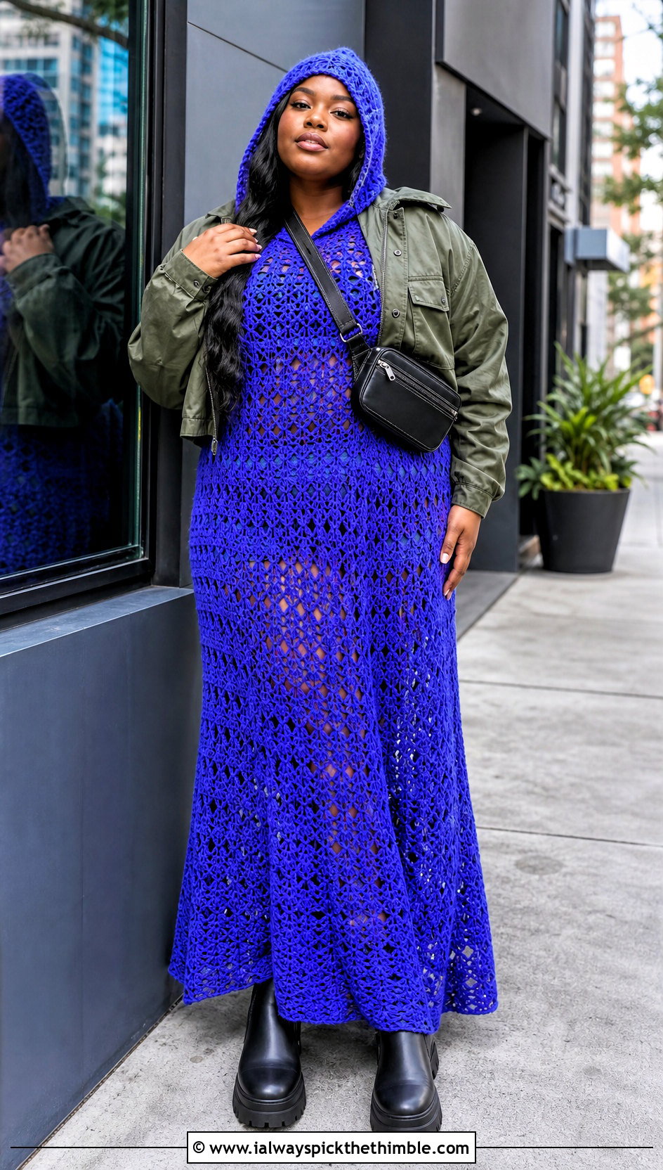 Hooded Crochet Maxi Dress With Cargo Jacket - 15 plus size crochet dress outfit ideas