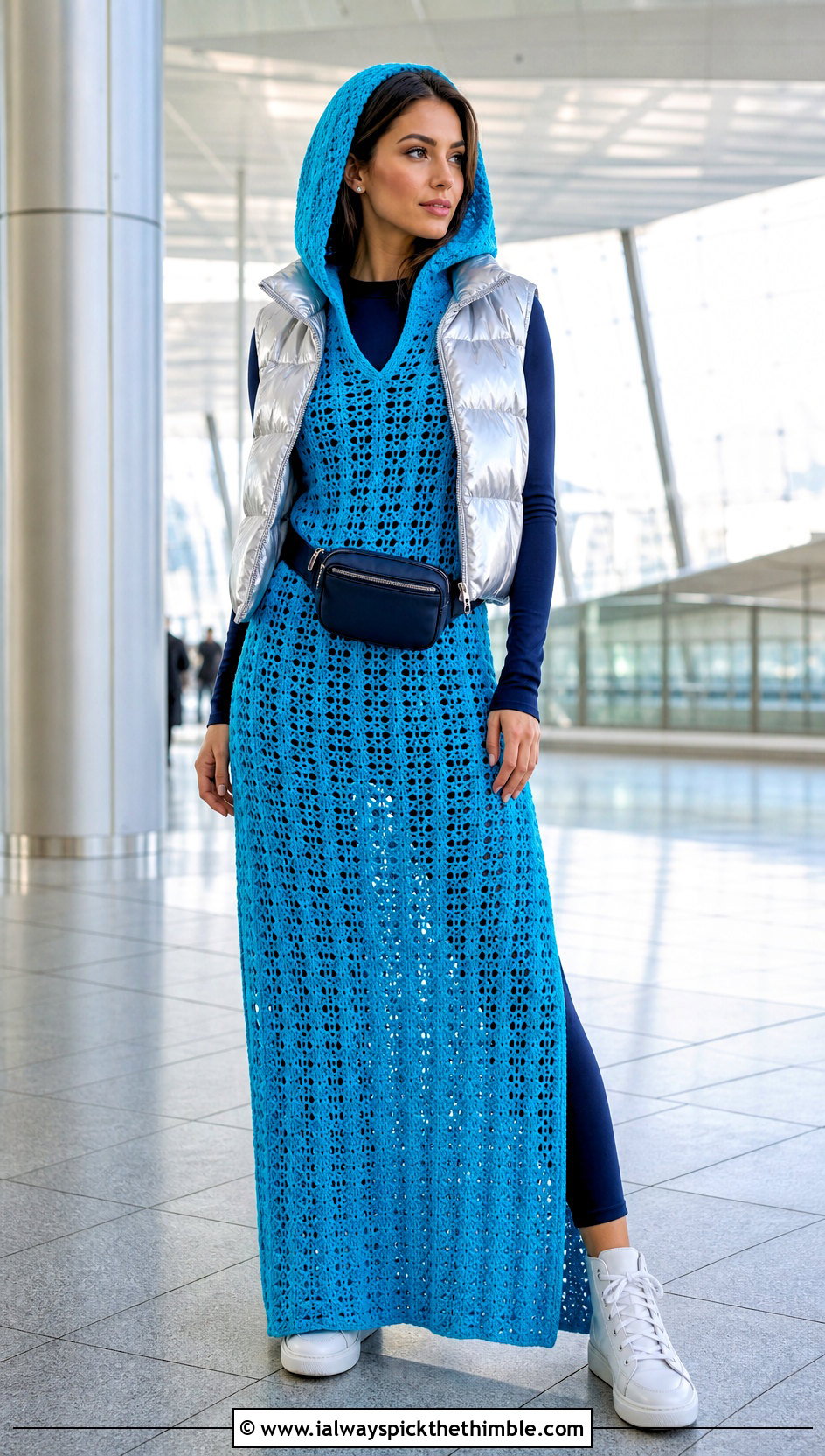 Hooded Crochet Maxi Dress With Puffer Vest - 25 crochet long dress outfit ideas