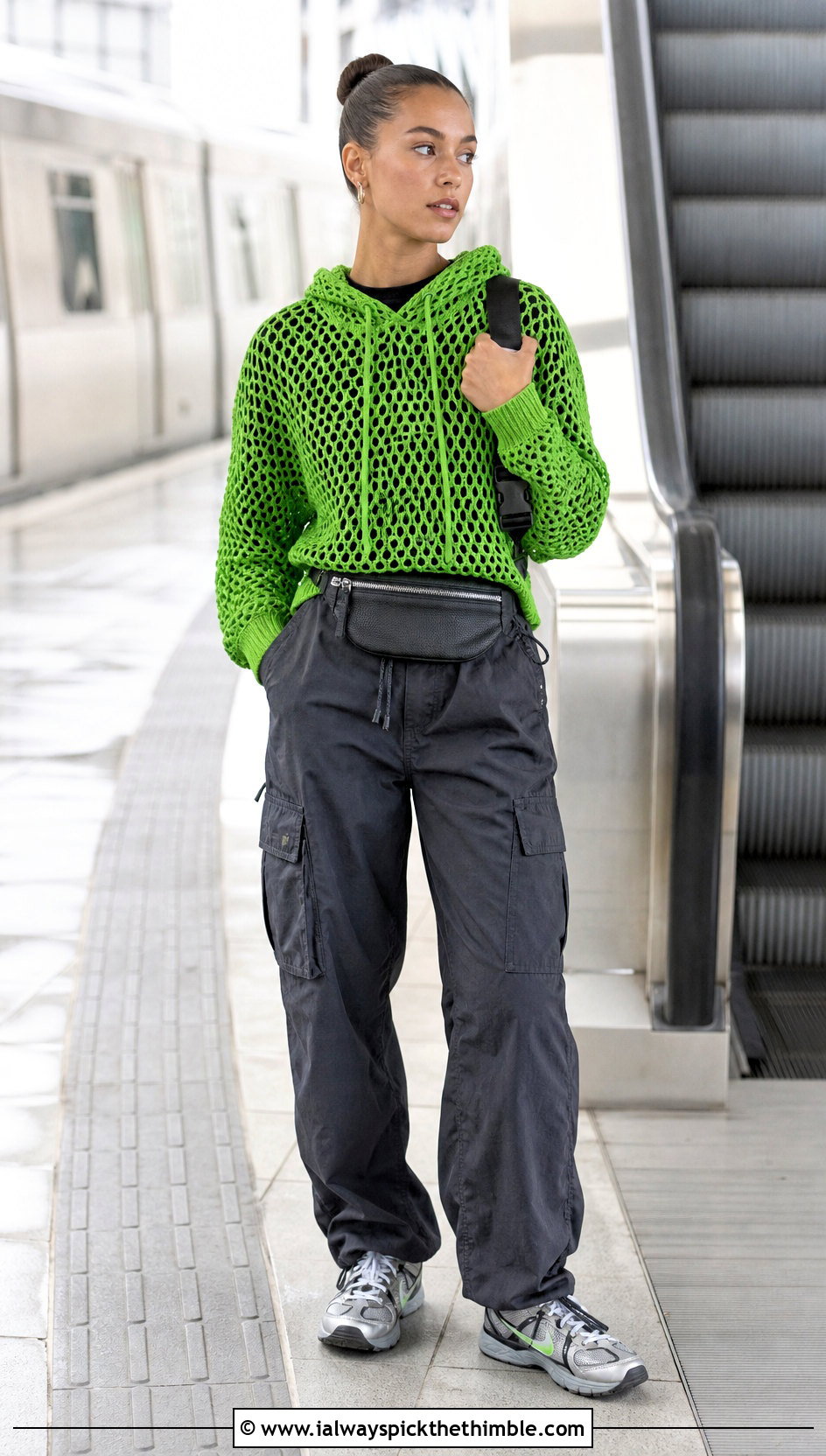 Hooded Crochet Mesh Pullover With Cargo Pants - 20 Crochet Mesh Pullover outfit ideas