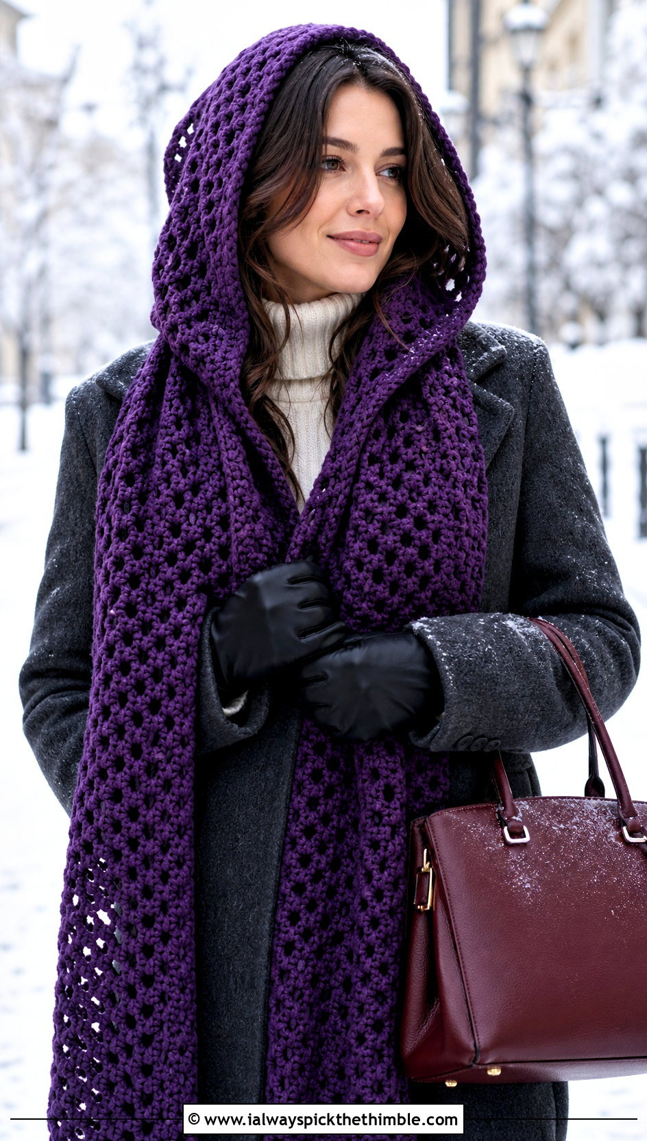 Hooded Crochet Mesh Scarf With Wool Coat And Boots - 20 Crochet Mesh Scarf outfit ideas