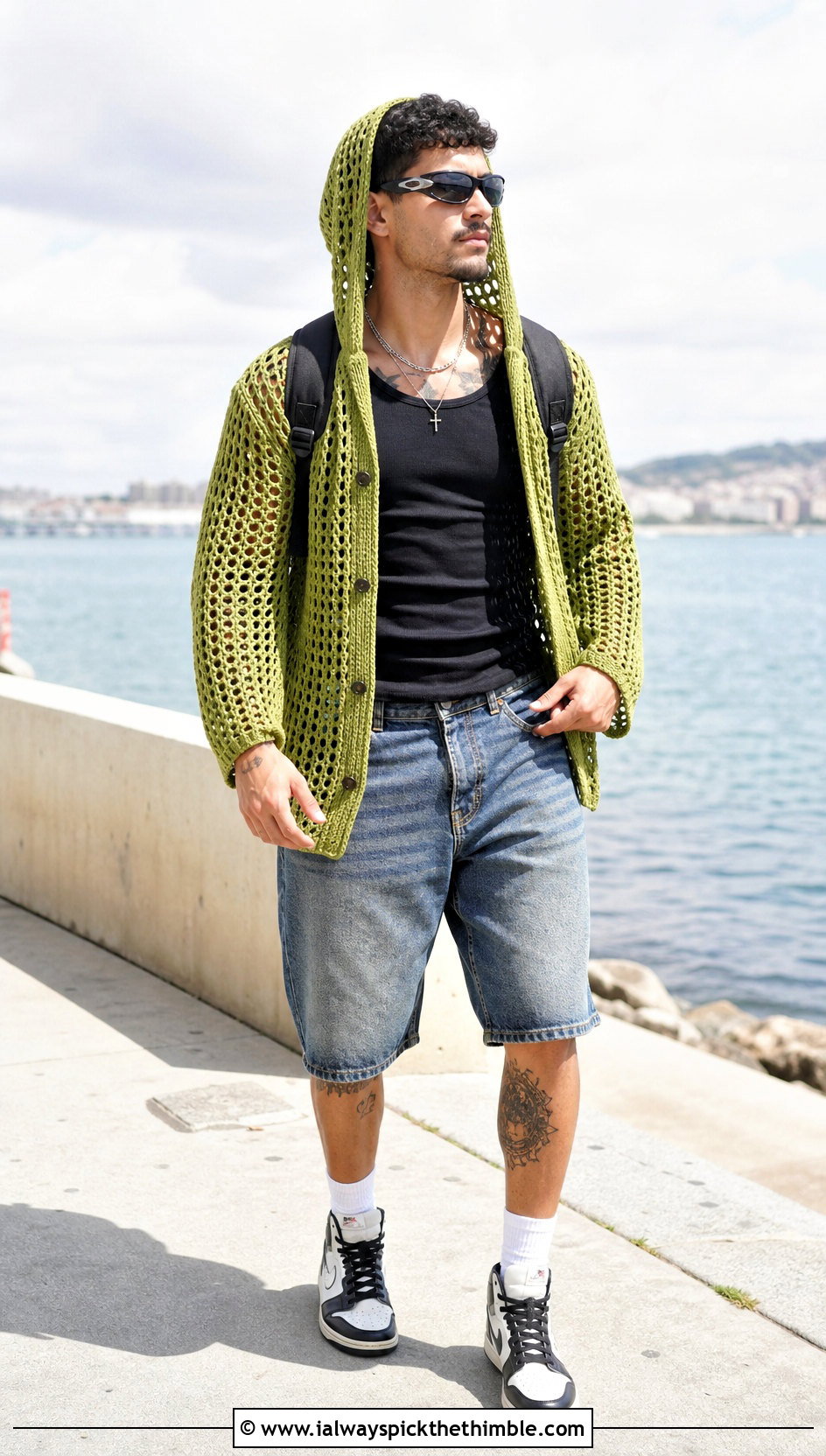 Hooded Crochet Mesh Shirt With Relaxed Shorts - 20 Men Crochet Mesh Shirt outfit ideas