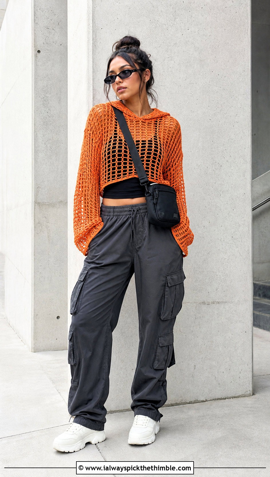 Hooded Crochet Mesh Top With Cargo Pants - 20 Crochet Tops With Long Sleeves outfit ideas