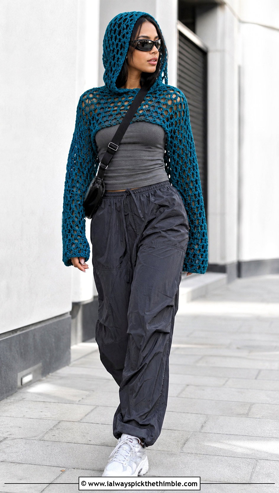 Hooded Crochet Mesh Top With Parachute Pants - 20 long sleeve crochet mesh top outfit ideas