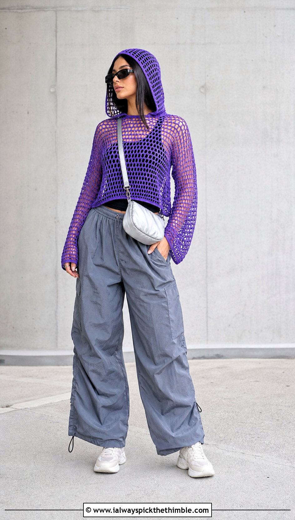 Hooded Crochet Mesh Top With Parachute Pants - 25 crochet mesh top outfit ideas