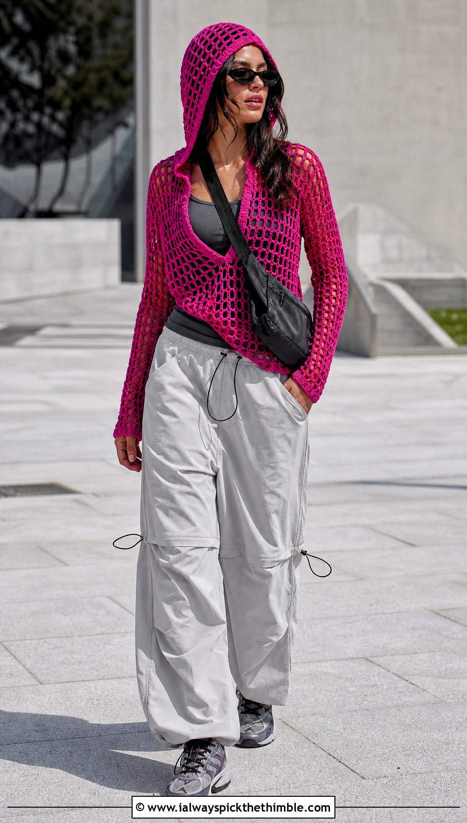 Hooded Crochet Mesh Top With Parachute Pants - 20 Cute Crochet Mesh Top outfit ideas