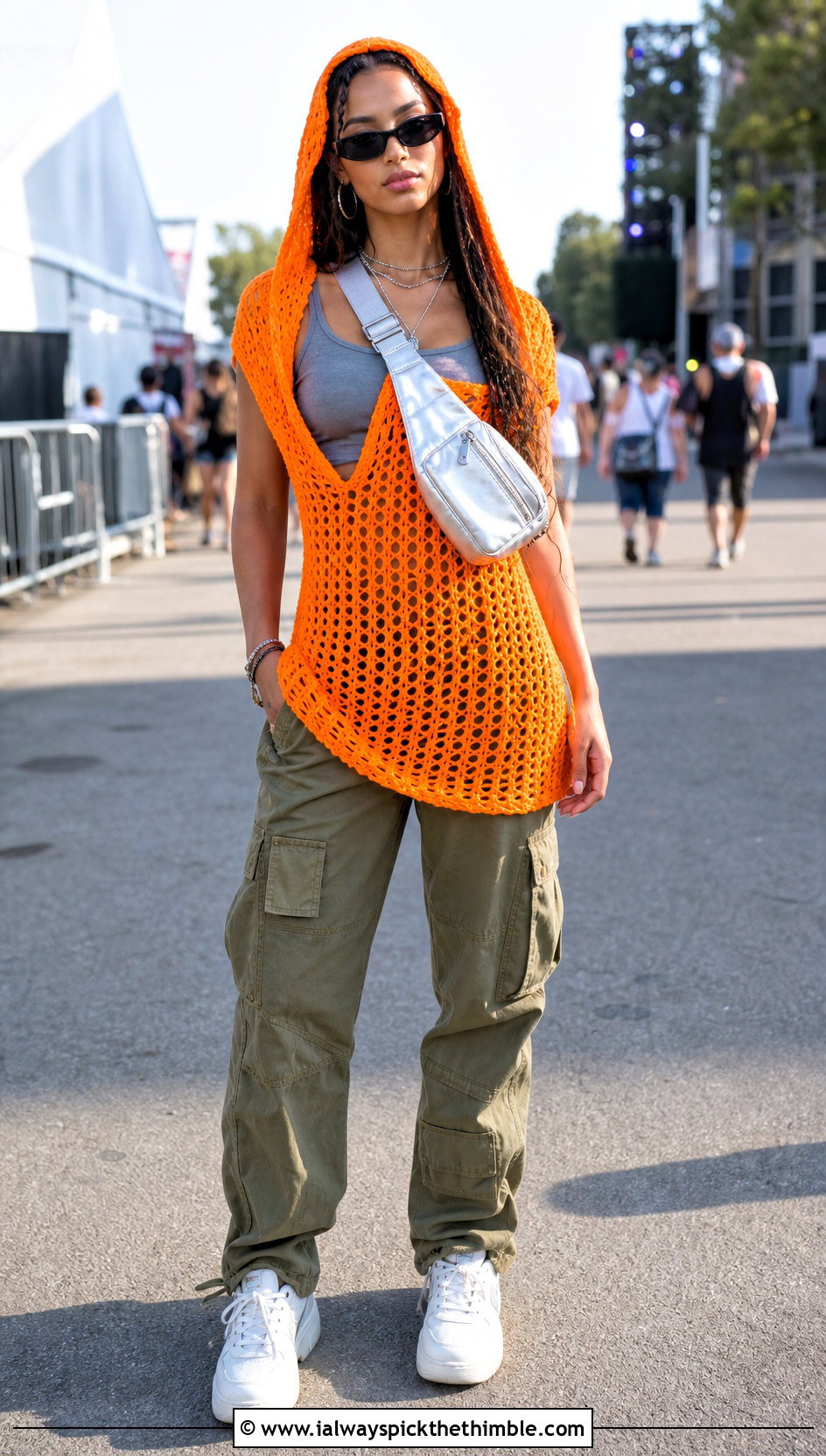 Hooded Crochet Mini Dress With Cargo Pants - 25 crochet dresses outfit ideas