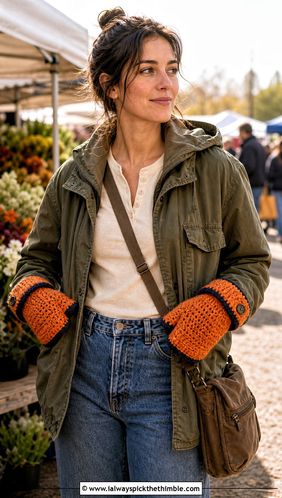 Hooded Crochet Mittens With Utility Jacket And Barrel Jeans - 20 Crochet Convertible Mittens outfit ideas