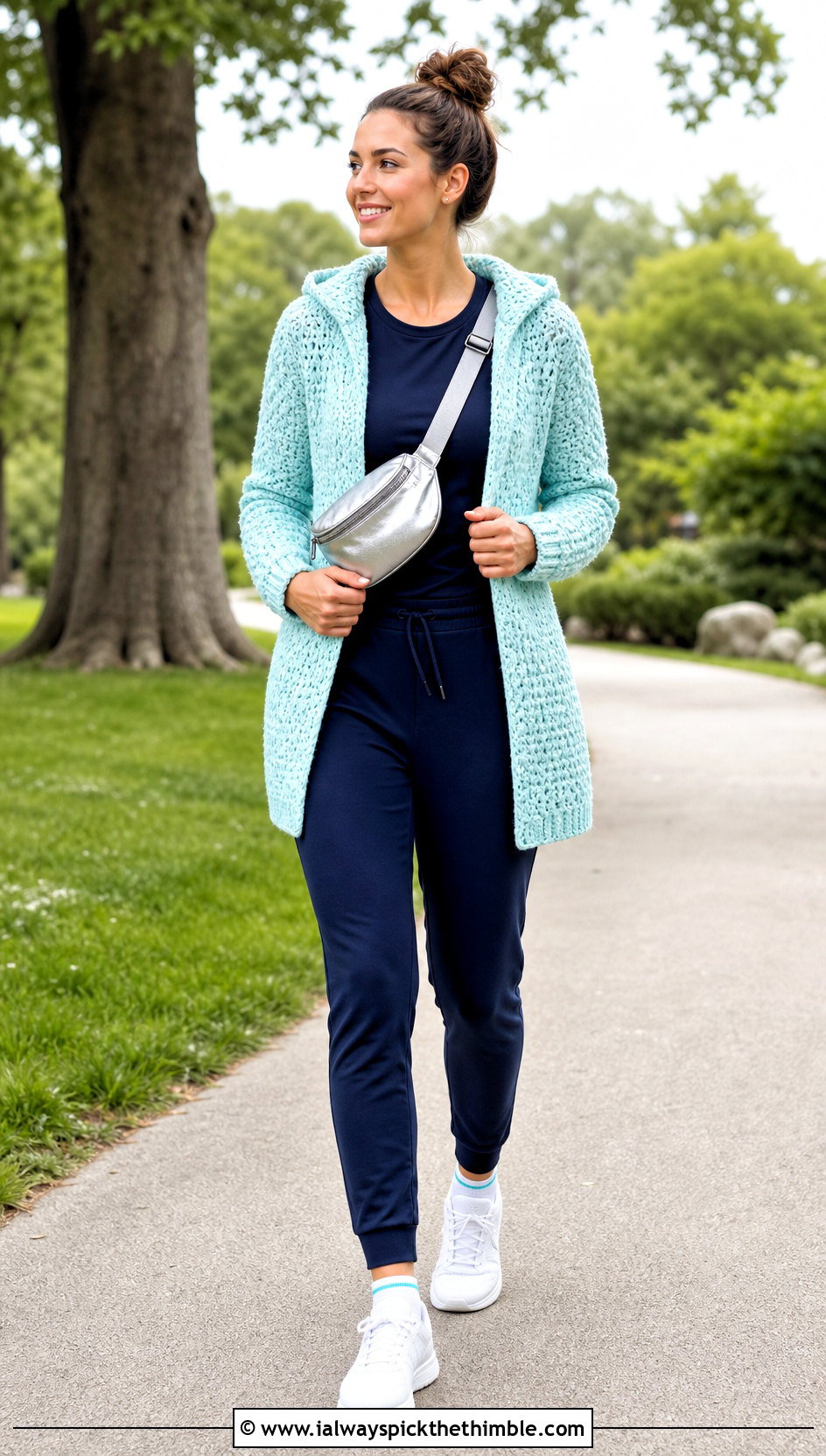 Hooded Crochet Moss Stitch Cardigan With Joggers - 20 crochet moss stitch cardigan outfit ideas