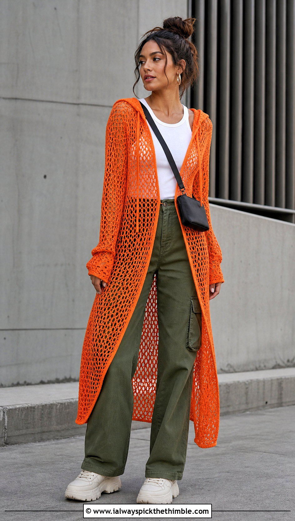 Hooded Crochet Net Dress With Cargo Pants - 20 crochet net dress outfit ideas