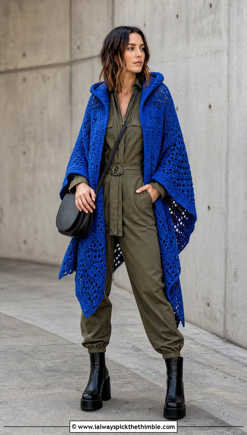 Hooded Crochet Outlander Shawl With Utility Jumpsuit - 25 crochet outlander shawl outfit ideas