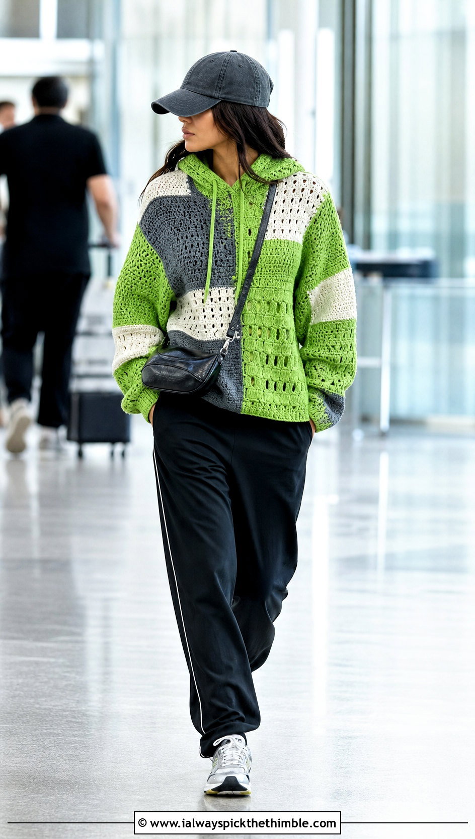 Hooded Crochet Patchwork Jumper With Track Pants - 15 crochet patchwork jumper outfit ideas