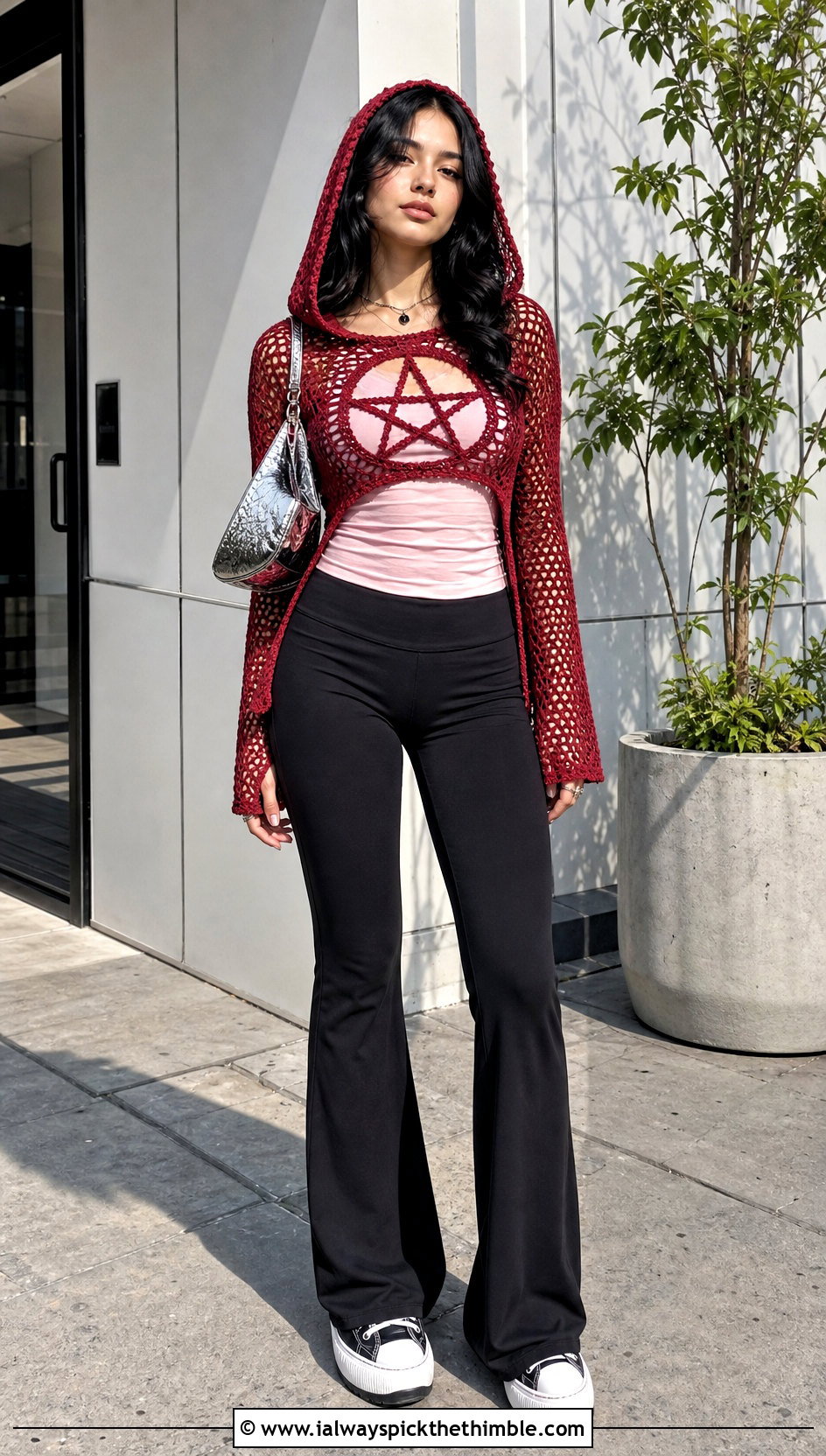 Hooded Crochet Pentagram Top With Flared Leggings - 20 crochet pentagram top outfit ideas