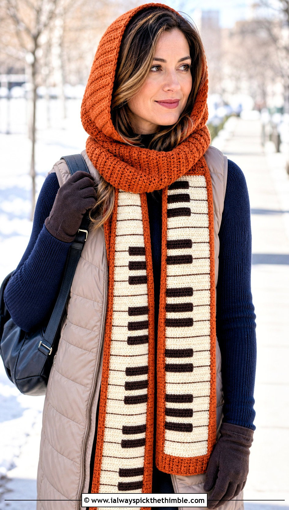 Hooded Crochet Piano Scarf With Longline Vest - 25 crochet piano scarf outfit ideas
