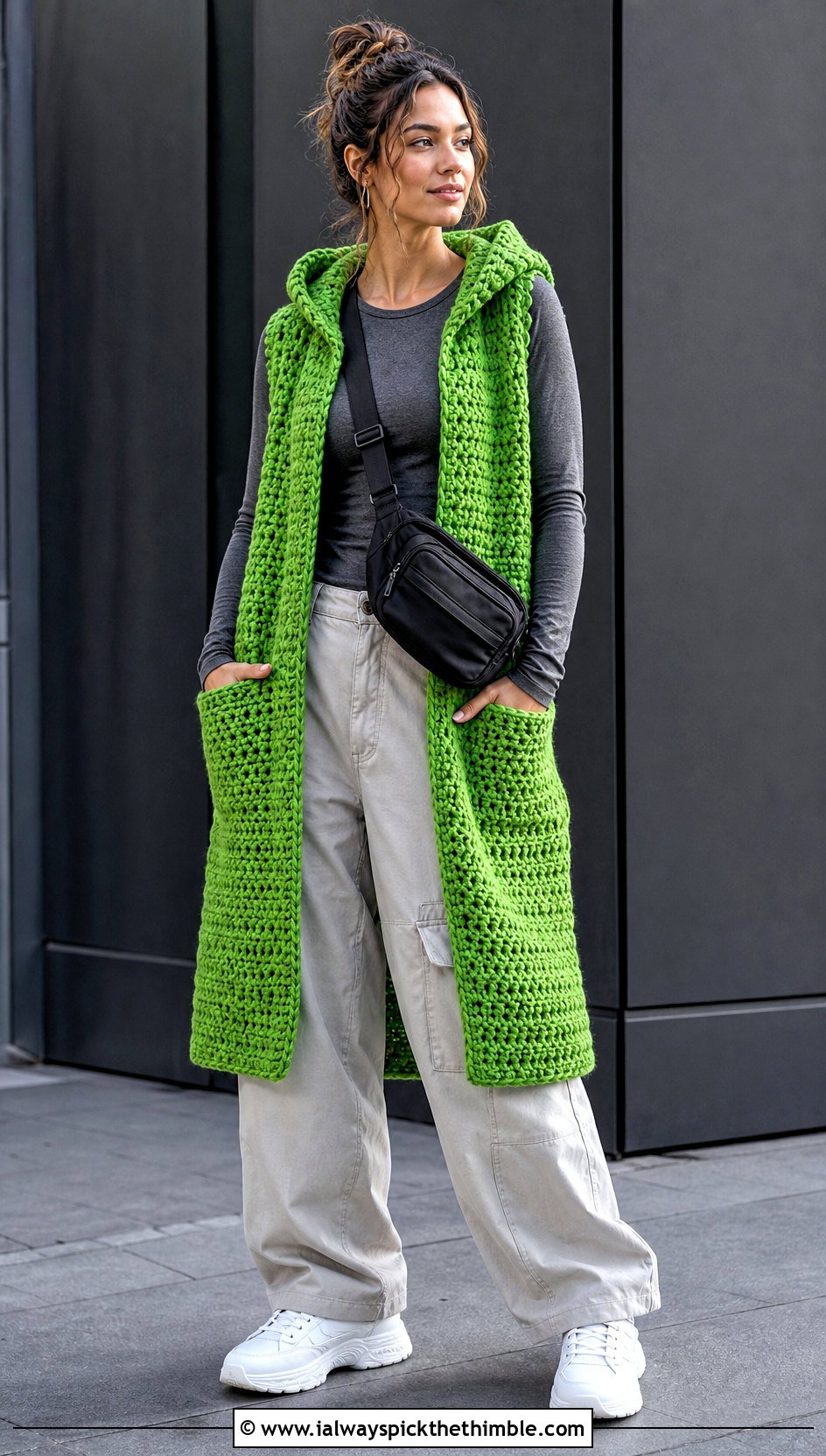 Hooded Crochet Pocket Shawl With Cargo Pants - 20 Easy Crochet Shawl With Pockets outfit ideas