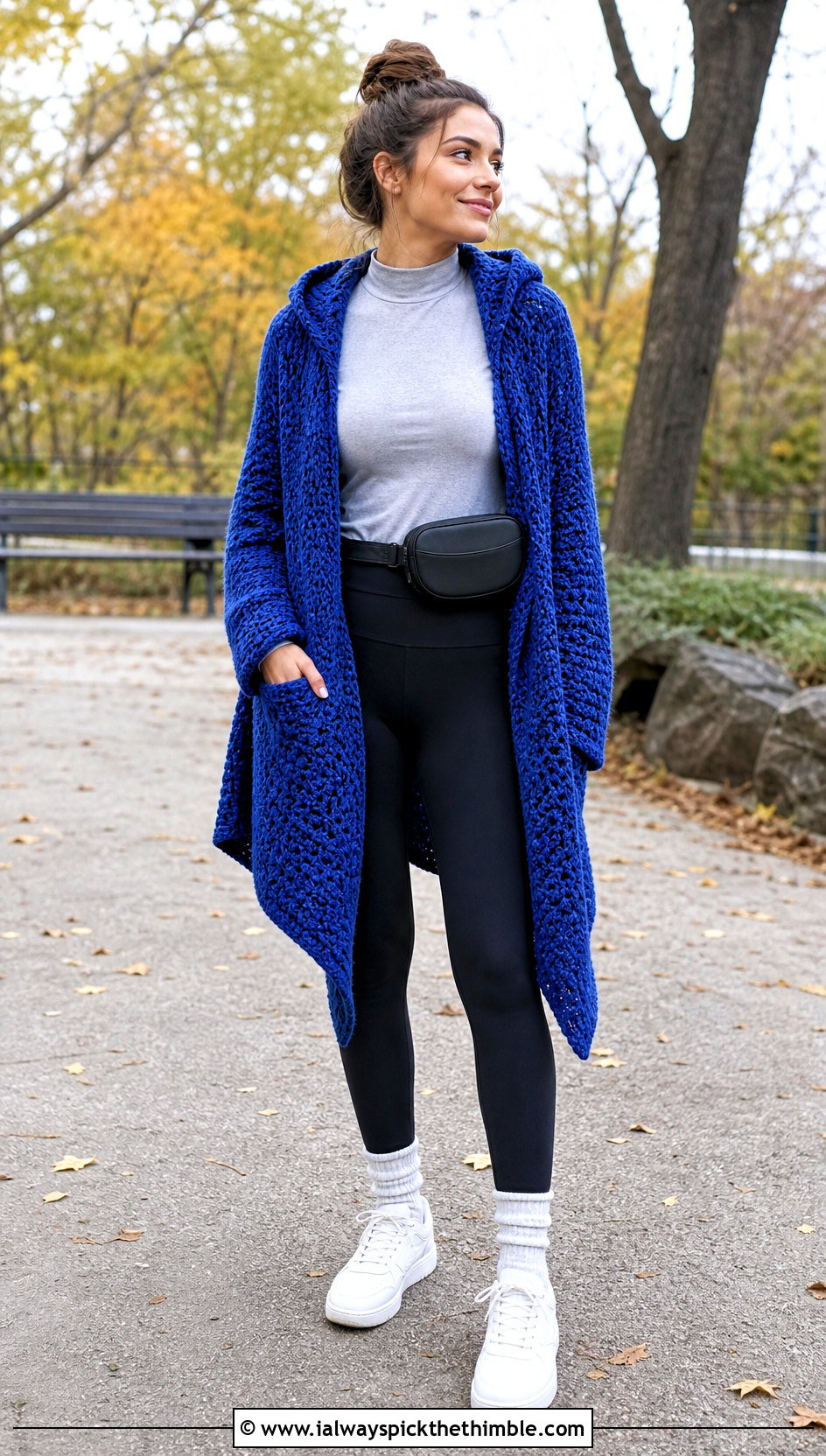 Hooded Crochet Pocket Shawl With Leggings - 25 crochet pocket shawl outfit ideas