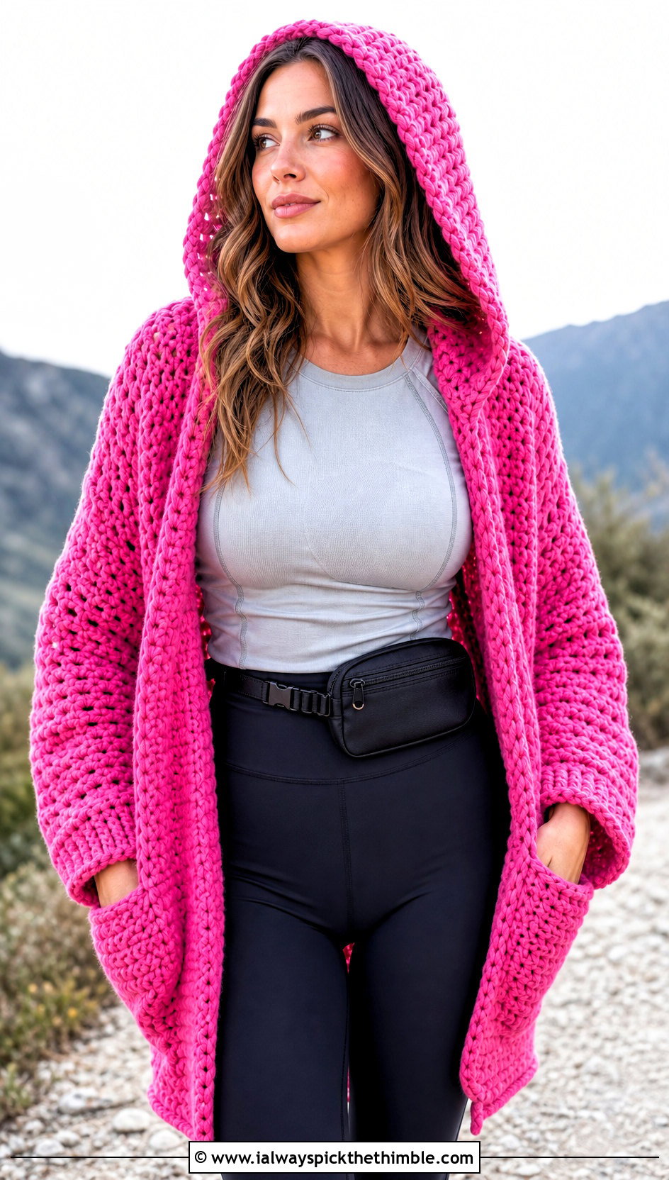Hooded Crochet Pocket Shawl With Leggings - 20 Crochet Pocket Scarf Shawl outfit ideas