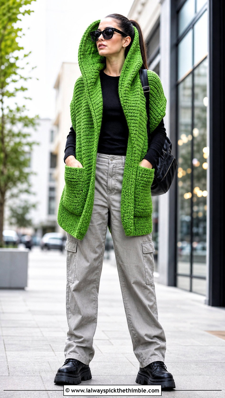 Hooded Crochet Pocket Wrap With Cargo Pants - 15 Crochet Shawls And Wraps With Pockets outfit ideas
