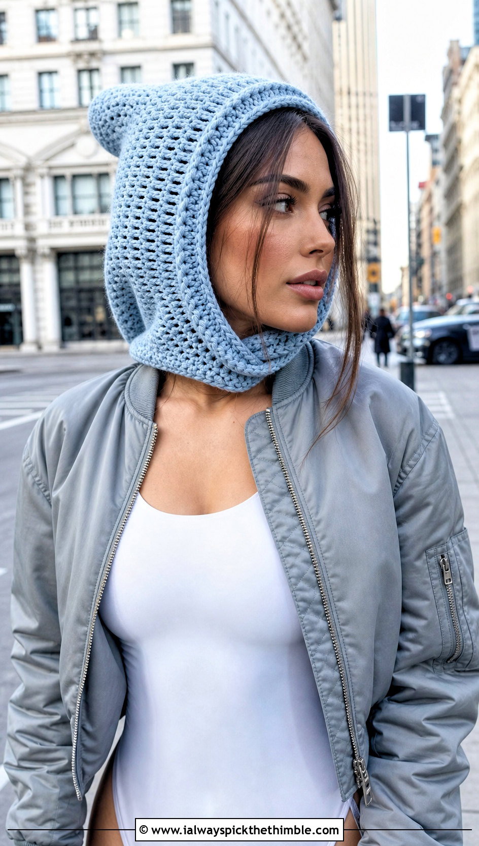 Hooded Crochet Pointed Cap With Denim Maxi Skirt - 20 Crochet Pointed Hat outfit ideas