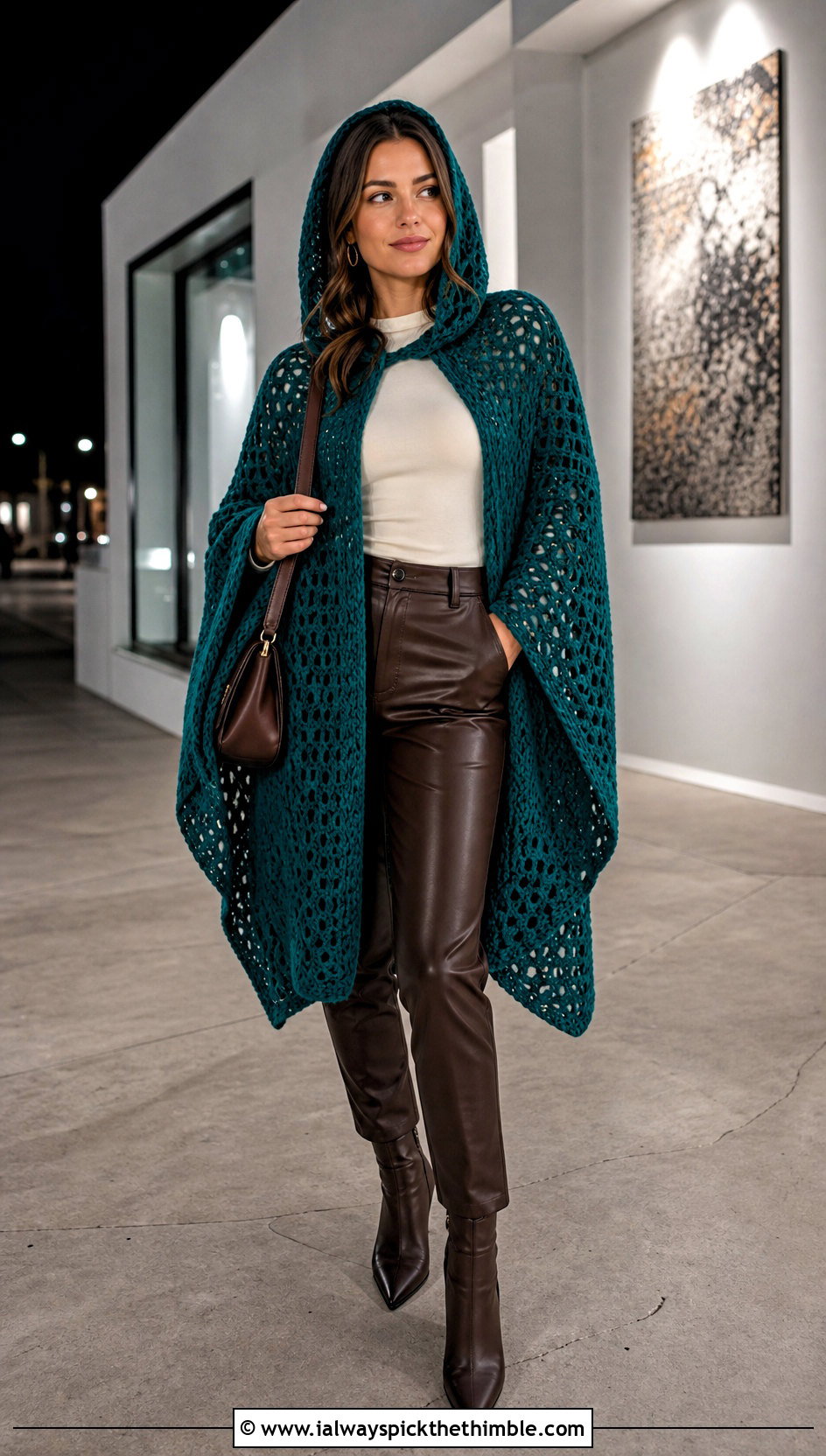 Hooded Crochet Poncho Blanket With Leather Pants - 20 crochet blanket hoodie outfit ideas