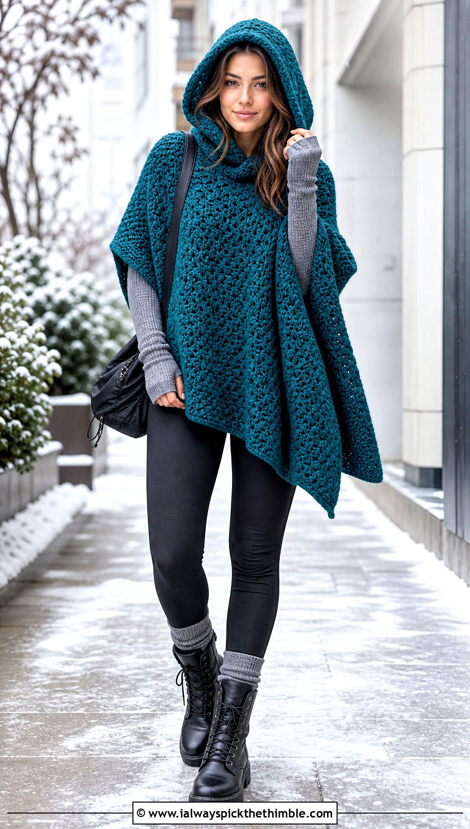 Hooded Crochet Poncho Sweater With Black Leggings - 25 crochet poncho sweater outfit ideas