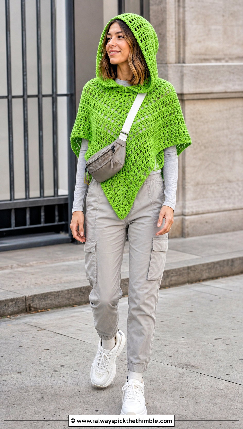 Hooded Crochet Poncho Top With Cargo Pants - 20 Crochet Poncho Top outfit ideas