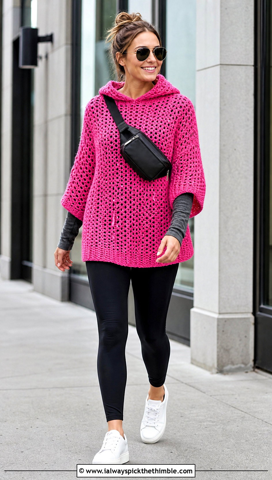 Hooded Crochet Poncho With Black Leggings - 25 easy crochet poncho outfit ideas