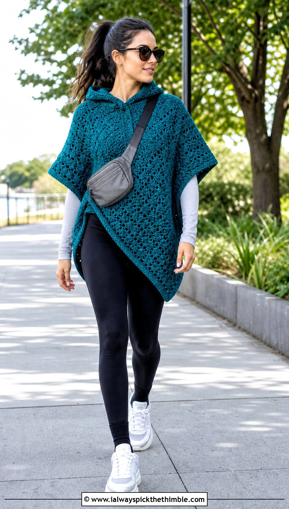 Hooded Crochet Poncho With Black Leggings - 15 Crochet Womens Poncho outfit ideas