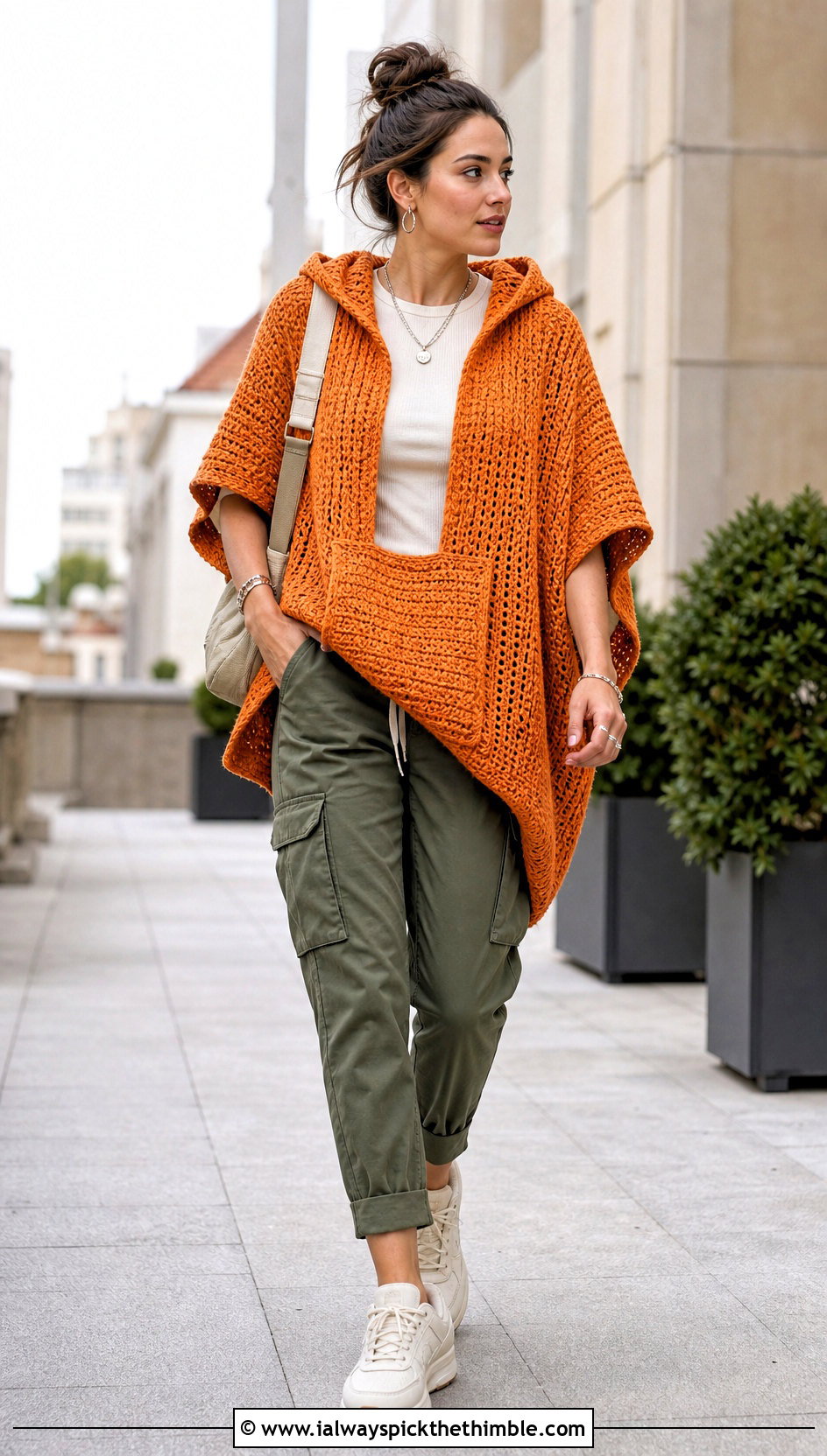 Hooded Crochet Poncho With Cargo Pants - 20 Easy Crochet Poncho For Beginners outfit ideas