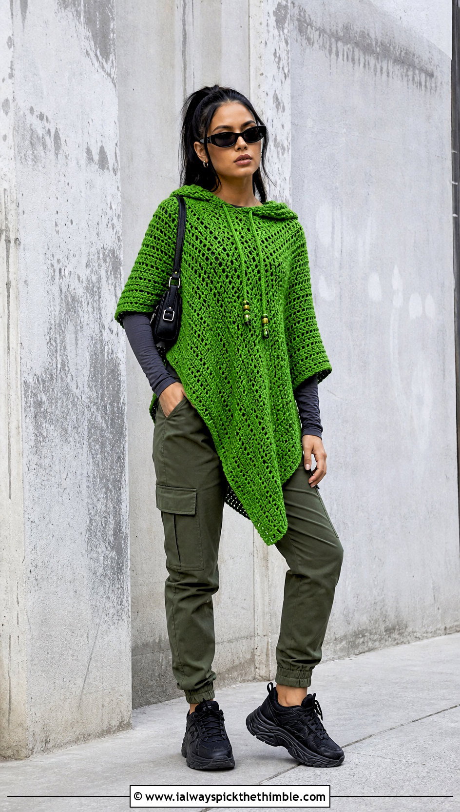 Hooded Crochet Poncho With Cargo Pants - 20 Simple Crochet Poncho outfit ideas