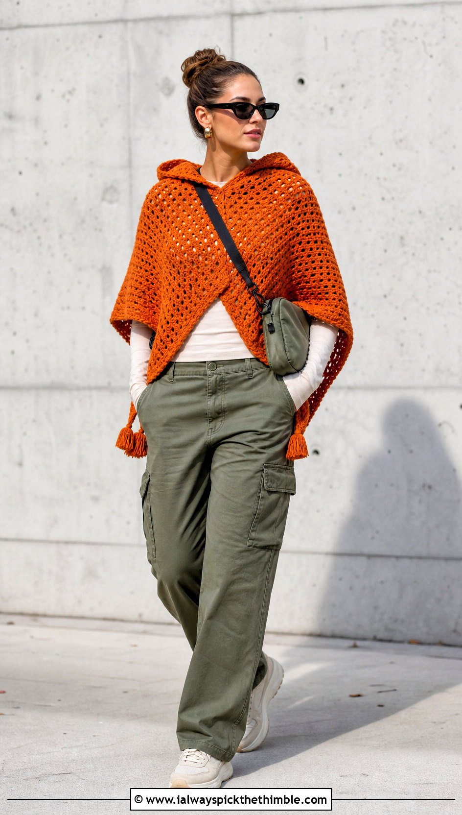 Hooded Crochet Poncho With Cargo Pants - 25 easy crochet poncho woman outfit ideas