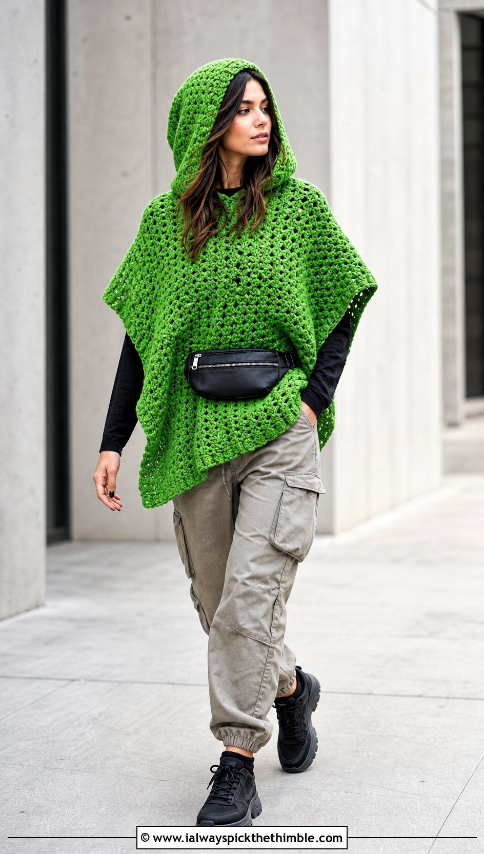 Hooded Crochet Poncho With Cargo Pants - 15 diy crochet poncho outfit ideas