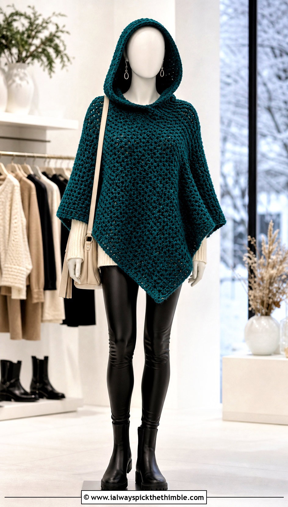 Hooded Crochet Poncho With Leather Leggings - 15 crochet poncho on mannequin outfit ideas