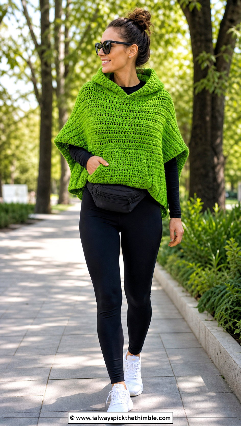 Hooded Crochet Poncho With Leggings And Sneakers - 15 Quick Crochet Poncho outfit ideas