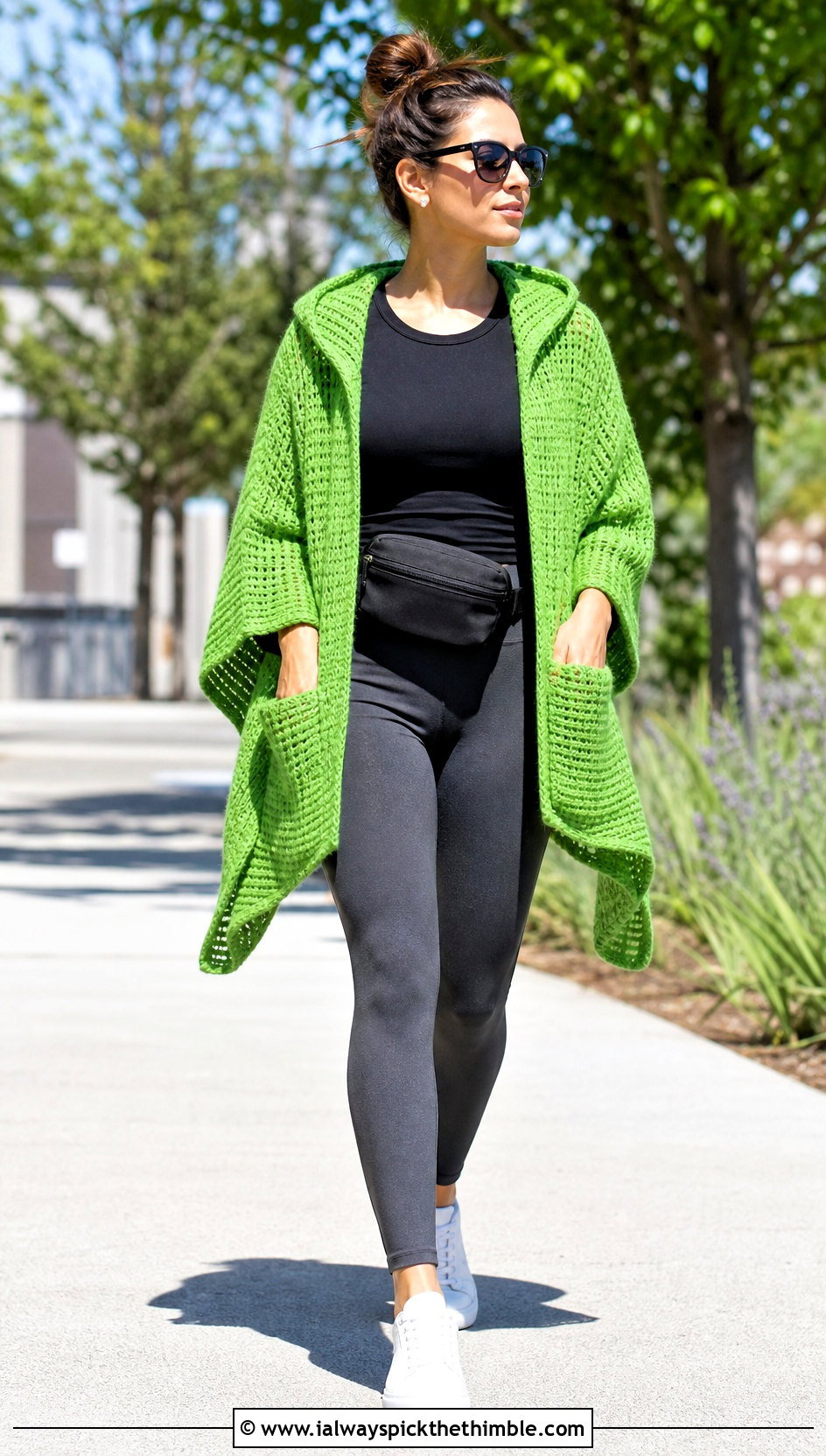 Hooded Crochet Poncho With Leggings And Sneakers - 20 Crochet For Poncho outfit ideas